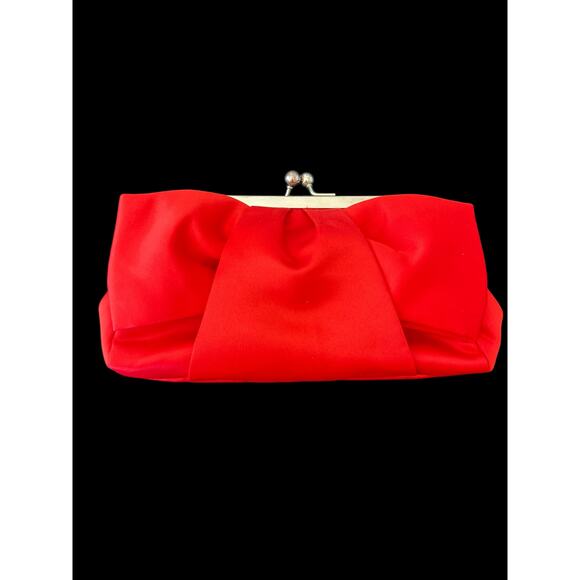 EVENING COCKTAIL PURSE BAG SMALL RED SATINY SILVER CHAIN RED CORD FORMAL PROM - Picture 1 of 8
